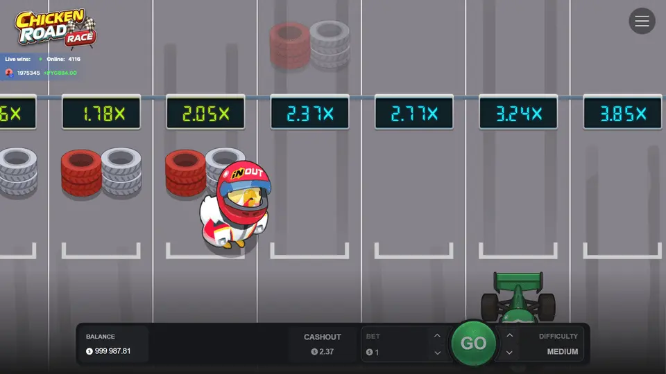 Chicken Road Race game mid-race showing chicken dodging cars with multiplier visible