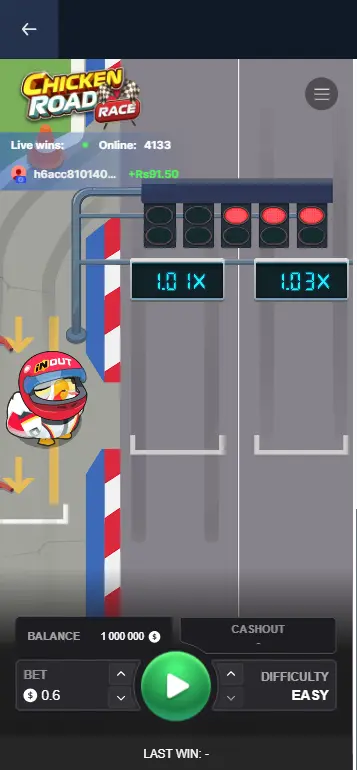 Chicken Road Race game start screen with bet selection